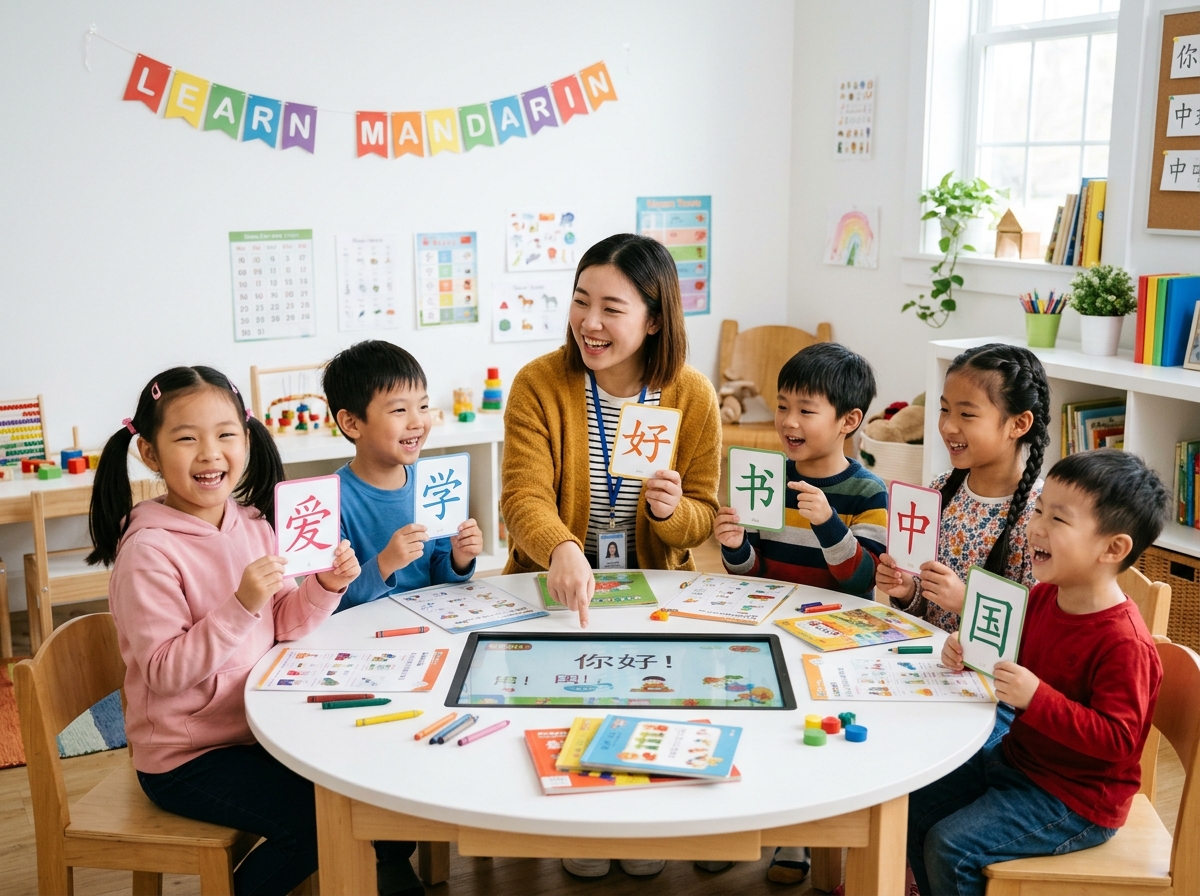 Children happily learning Mandarin Chinese with tutor